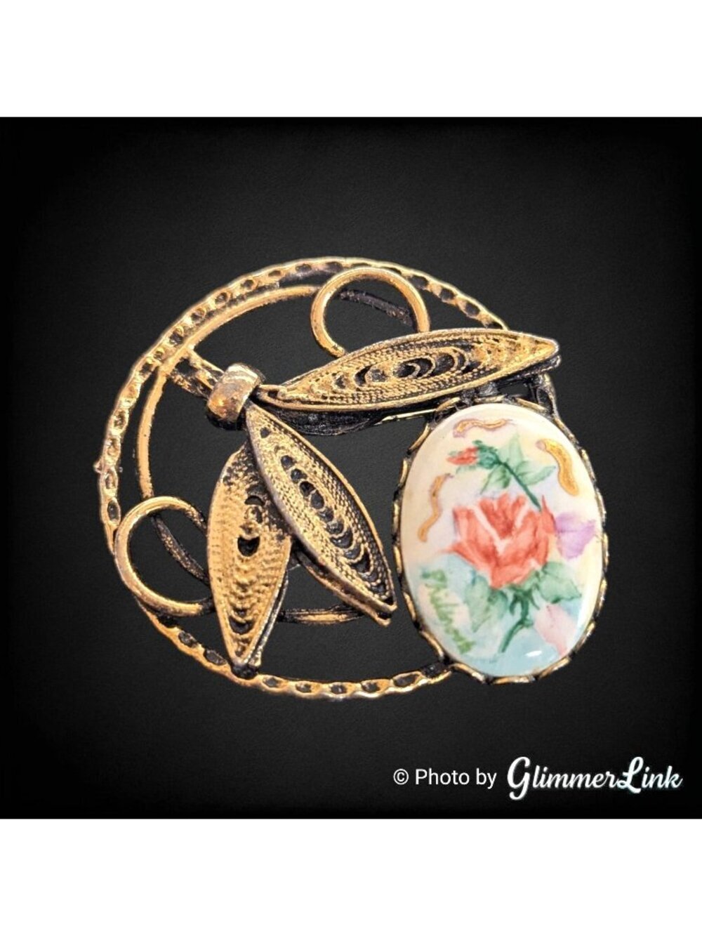 Vintage Porcelain Rose Brooch Gold Tone Filigree Wreath Pin
